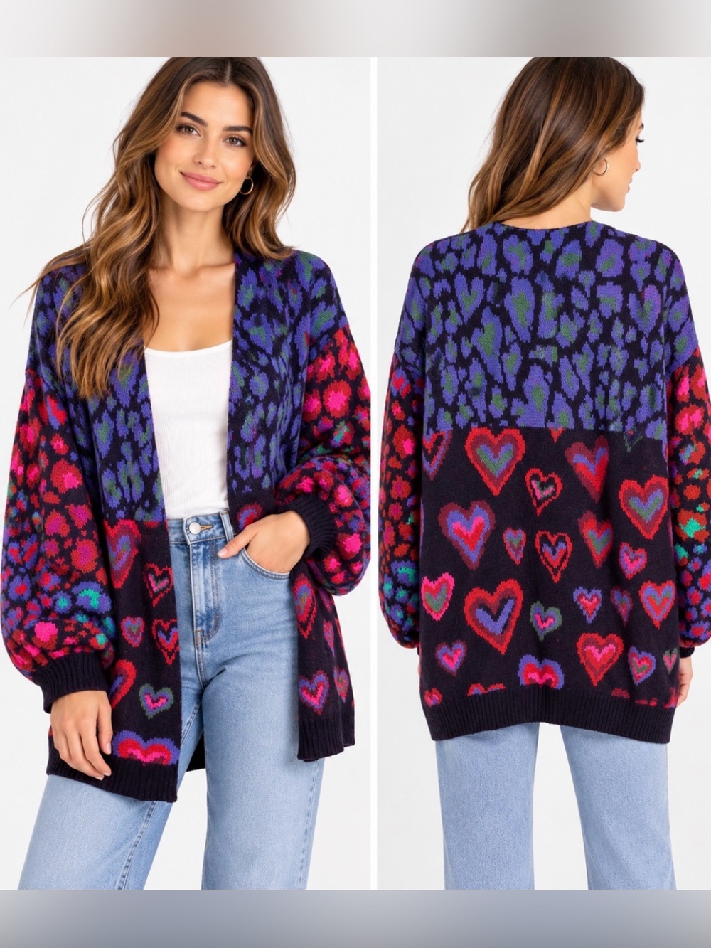 FARM Rio NWT Colorful Leopard Heart Print Balloon Sleeve Cardigan Small